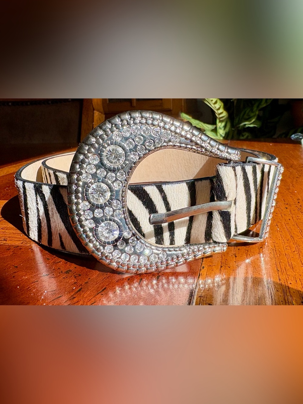 Chico's Vintage Genuine Leather Pony Hair Zebra Print Crystal Belt- Size M